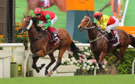 Invincible Sage surges clear to win the Chairman’s Sprint Prize for Hugh Bowman. Photos: Kenneth Chan