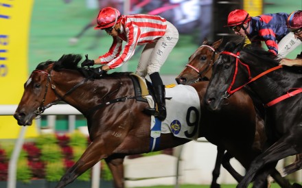 King Miles passes the Sha Tin winning post in front on Saturday. Photos: Kenneth Chan