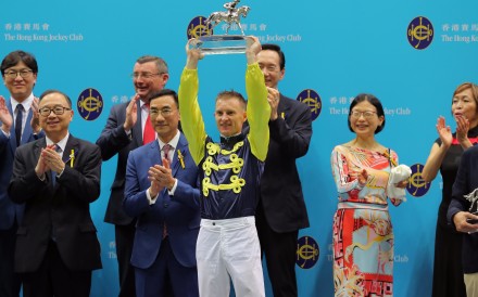 Zac Purton celebrates his seventh champion jockey title. Photo: Kenneth Chan