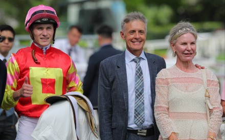 Luke Ferraris, Mark Newnham and Newnham’s wife Donna are all smiles after My Wish wins at Sha Tin. Photos: Kenneth Chan