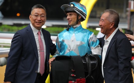 Trainer Francis Lui (left) and jockey Lyle Hewitson (right) enjoy Sweet Briar’s Happy Valley win. Photo: Kenneth Chan