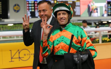 Caspar Fownes and Hugh Bowman celebrate a third of the evening. Photos: Kenneth Chan