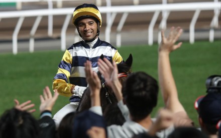 Joao Moreira enjoys his victory aboard Packing Hermod at Sha Tin last Sunday. Photo: Kenneth Chan