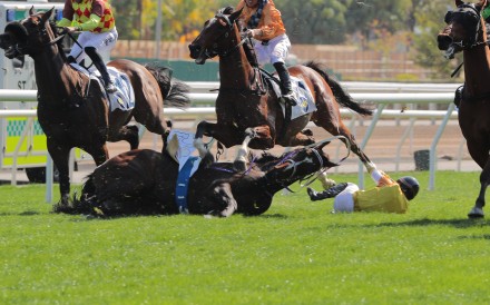 Jockey Vincent Ho hits the turf during race six at Sha Tin on Sunday. Photos: Kenneth Chan