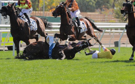 Vincent Ho hits the turf after falling from Oldtown at Sha Tin on Sunday. Photo: Kenneth Chan