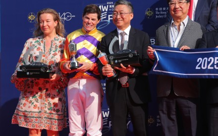Jockey Craig Williams, trainer Francis Lui (second from right) and connections of Cap Ferrat celebrate his Derby triumph. Photos: Kenneth Chan