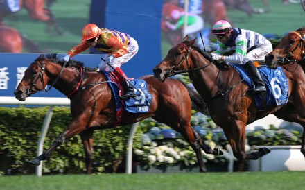 Cap Ferrat wins Sunday’s Hong Kong Derby under Craig Williams. Photo: Kenneth Chan