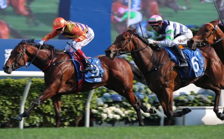 Packing Angel (right) finishes third behind Cap Ferrat in the Hong Kong Derby. Photos: Kenneth Chan