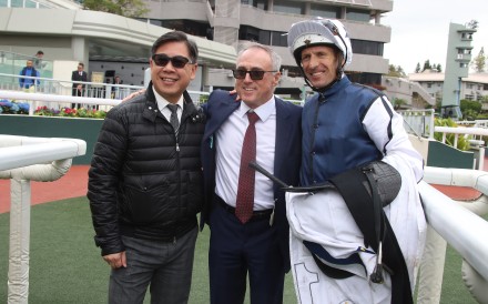 Dennis Yip (left), Paul O’Sullivan and jockey Hugh Bowman after Fast Network’s dominant win. Photos: Kenneth Chan