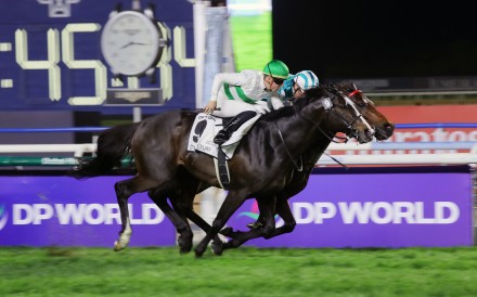 Romantic Warrior (inside) and Soul Rush battle it out in the final stages of Saturday night’s Group One Dubai Turf (1,800m). Photo: Kenneth Chan