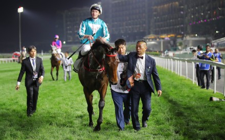 Romantic Warrior, jockey James McDonald and trainer Danny Shum after being denied in the Group One Dubai Turf (1,800m). Photos: Kenneth Chan