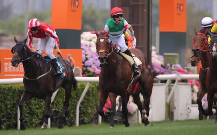 Damian Lane celebrates on Tastiera after winning the Group One FWD QE II Cup. Photos: Kenneth Chan.