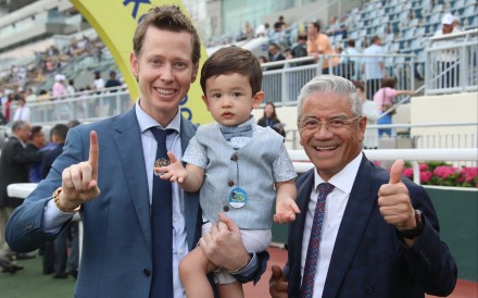 Tony Cruz (right) celebrates his Sha Tin double with George Moore (left). Photos: Kenneth Chan