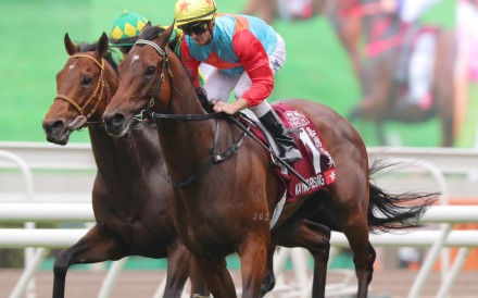 Ka Ying Rising wins the Chairman’s Sprint Prize under Zac Purton. Photos: Kenneth Chan