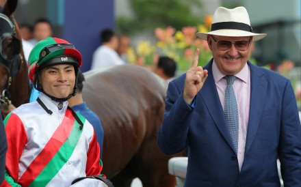 Apprentice Ellis Wong and trainer David Hayes are all smiles after Solid Shalaa’s Sha Tin victory. Photos: Kenneth Chan