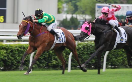 Matthew Chadwick and Pray For Mir (left) grit it out to win at Sha Tin. Photos: Kenneth Chan