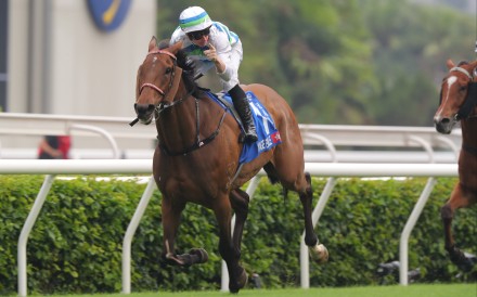 Voyage Bubble wins the Champions & Chater Cup under James McDonald. Photos: Kenneth Chan
