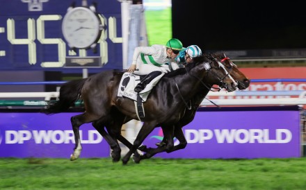 Soul Rush (outside) pips Romantic Warrior in the Group One Dubai Turf (1,800m) at Meydan in April. Photo: Kenneth Chan