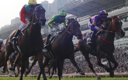 Satono Reve (centre) finishes third behind Ka Ying Rising (left) and Helios Express (right) in December’s Group One Hong Kong Sprint (1,200m) at Sha Tin. Photo: Kenneth Chan