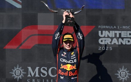 Red Bull driver Max Verstappen of Team Netherlands raises his trophy after winning the 2025 US Grand Prix at Circuit of The Americas in  Austin, Texas on Sunday. Photo: Jerome Miron-Imagn Images