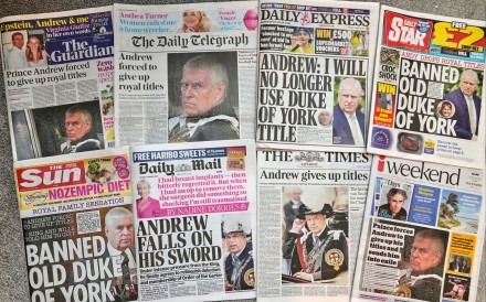 British newspapers reporting on Prince Andrew giving up using his title Duke of York. Photo: AP