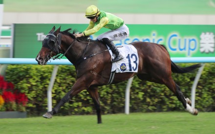 Tomodachi Kokoroe scorches the Sha Tin turf on his way to victory in the Group Two Premier Bowl on Sunday. Photos: Kenneth Chan