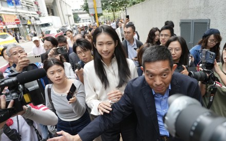 Hong Kong Olympic gold medallist Vivian Kong (centre) has declared her bid to run for the tourism constituency in the Legislative Council election. Photo: Karma Lo