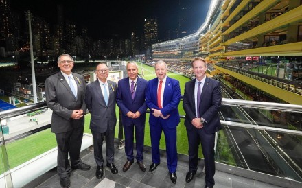 Ingmar De Vos, the FEI president (centre) enjoys a night at Happy Valley Racecourse alongside (from left) Lester Huang, the HKJC deputy chairman, Martin Liao, the club’s chairman, Winfried Engelbrecht-Bresges, it’s CEO and Andrew Harding, executive director, racing. Photo: HKJC