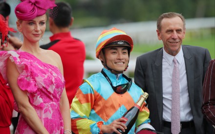 Trainer John Size celebrates Ka Ying Power’s win with jockey Keith Yeung. Photos: Kenneth Chan