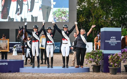 (From left) Samantha Chan, Annie Ho and Jacqueline Siu on the podium to collect their bronze medals. Photo: Hong Kong Jockey Club