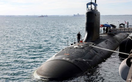 A US Navy’s Virginia-class submarine is docked at a naval base in Western Australia in February. Photo: AFP
                                