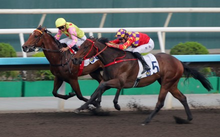Hugh Bowman (outside) gets up late aboard Gorgeous Win at Sha Tin. Photos: Kenneth Chan