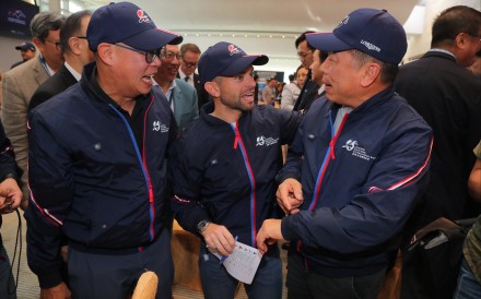 Jockey Umberto Rispoli (centre) with trainers Chris So (left) and Ricky Yiu at the International Jockeys’ Championship draw on Monday morning. Photos: Kenneth Chan