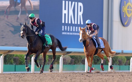 Al Riffa (left) and Galen gallop at Sha Tin. Photos: Kenneth Chan