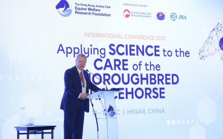 Jockey Club chief executive Winfried Engelbrecht-Bresges speaking at the HKJC Equine Welfare Research Foundation conference. Photos: HKJC
