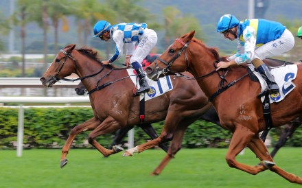 Storm Rider surges home to win the Chinese Club Challenge Cup under Karis Teetan. Photos: Kenneth Chan
