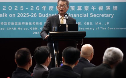 Financial Secretary Paul Chan Mo-po gives a speech at the Hong Kong Coalition of Professional Services luncheon at New World Harbour View in Wan Chai on March 11, 2025. Photo: Jonathan Wong