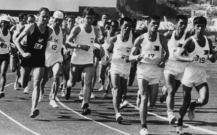 Runners taking part in the Tin Tin international marathon at Yuen Long Stadium in the New Territories on December 14, 1969. Photo: SCMP
                                