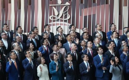 Newly elected legislators gather after the Legco swearing-in ceremony. Photo: Sam Tsang