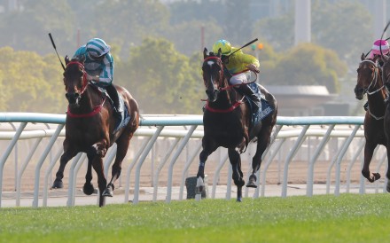 James McDonald looks over his shoulder as Romantic Warrior surges clear in the Stewards’ Cup. Photos: Kenneth Chan