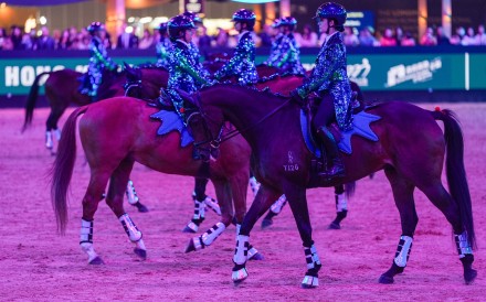 Eight retiredracehorses take part in the Hong Kong Jockey Club Musical Ride at the Longines Hong Kong International Horse Show. Photo: Eugene Lee