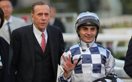 Trainer Joh Size and jockey Andrea Atzeni after Flow Water Flow’s thrilling win. Photos: Kenneth Chan