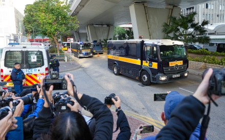 A Correctional Services Department vehicle carrying Jimmy Lai arrives at the West Kowloon Court on February 9. Photo: Sam Tsang