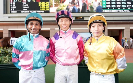 Hong Kong jockeys (from left) Karis Teetan, Vincent Ho and Matthew Chadwick were all born in the Year of the Horse 36 years ago. Photo: HKJC