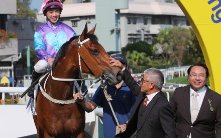 Angus Chung  and Tony Cruz celebrate the win of Stunning Peach at Sha Tin. Photos: Kenneth Chan.