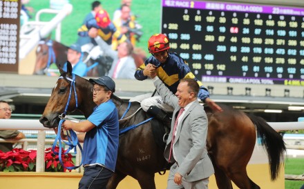 Joao Moreira and Caspar Fownes celebrate the win of Family Fortune on IJC night at Happy Valley. Photos: Kenneth Chan
