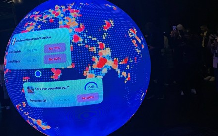 A spherical LED display on the premises of online prediction gaming platform Polymarket. Photo: AFP