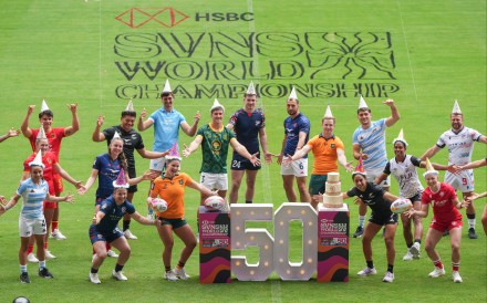 The men’s and women’s captains of Hong Kong Seven rugby teams pose for pictures in Kai Tak Stadium on April 15. Photo: Sam Tsang