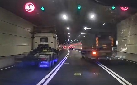 Two trucks were seen driving at high speed in the footage believed to be the Central Kowloon Bypass. Photo: Handout