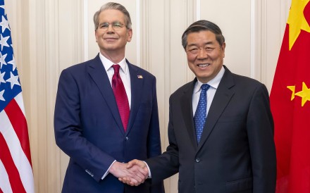 US Secretary of the Treasury Scott Bessent, left, with Chinese Vice Premier He Lifeng in 2025. The pair will meet again this week in South Korea. Photo: Keystone via AP
